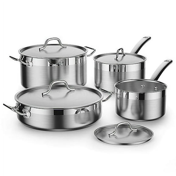 Cooks Standard Kitchen Juegos de utensilios de cocina de acero inoxidable, ollas y sartenes profesionales que incluyen cacerola, sartén para saltear, olla con tapas, 8 piezas, plateado