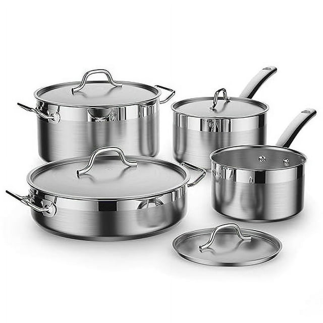 Cooks Standard Kitchen Juegos de utensilios de cocina de acero inoxidable, ollas y sartenes profesionales que incluyen cacerola, sartén para saltear, olla con tapas, 8 piezas, plateado