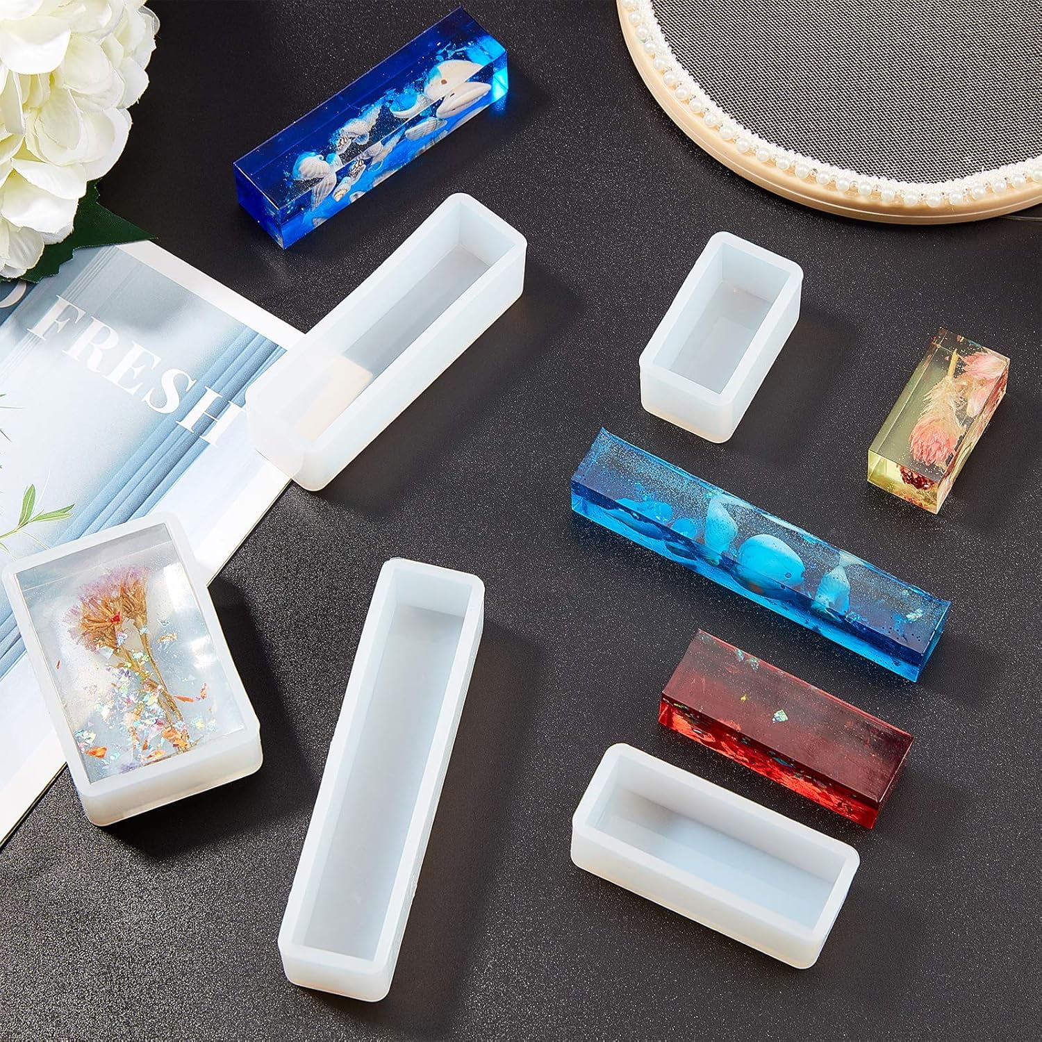 1 set Silicone Resin Casting Molds 11pcs Square Rectangular Silicone Molds Tinfoil Measuring Cup Tweezers Sticks Pipettes and Latex Finger Cots for DIY Crafting Resin Epoxy Jewelry Making