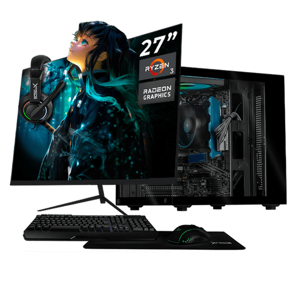 Computadora Escritorio Completa Xtreme PC Gaming AMD Radeon Vega 8 Ryzen 3 3200G 16GB SSD 500GB Monitor 27 100Hz WIFI Black juegos casuales, trabajo y estudio