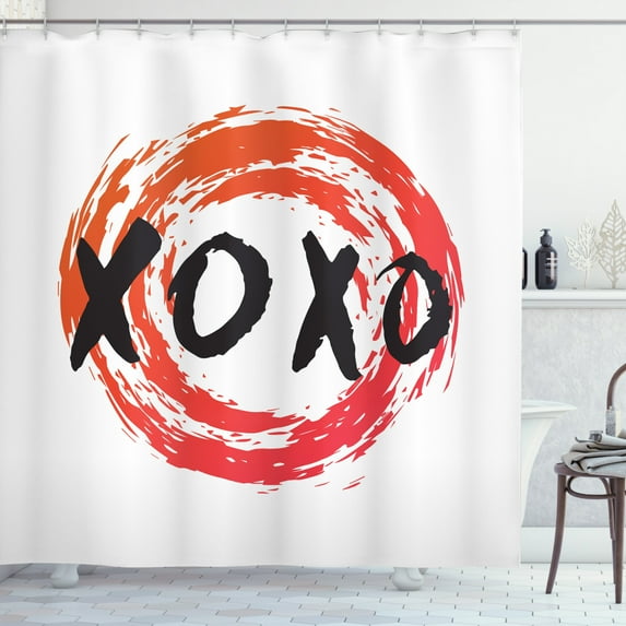XOXO Shower Curtain, Grungy Brush Painting Circle Frame with Kisses Love, Fabric Bathroom Set with Hooks, 69W X 75L Inches Long, Dark Coral Burnt Orange Charcoal Grey White, by Ambesonne