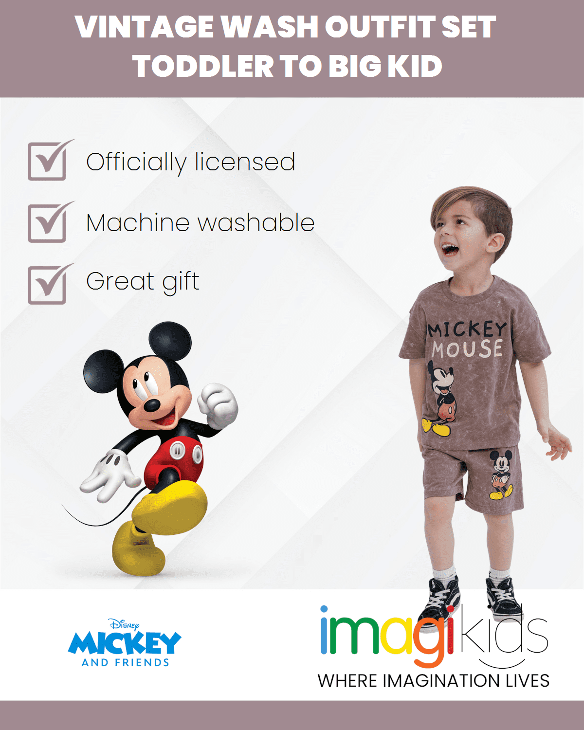 Disney Mickey Mouse Little Boys Vintage Wash Drop Shoulder T-Shirt and Shorts Outfit Set Brown 6