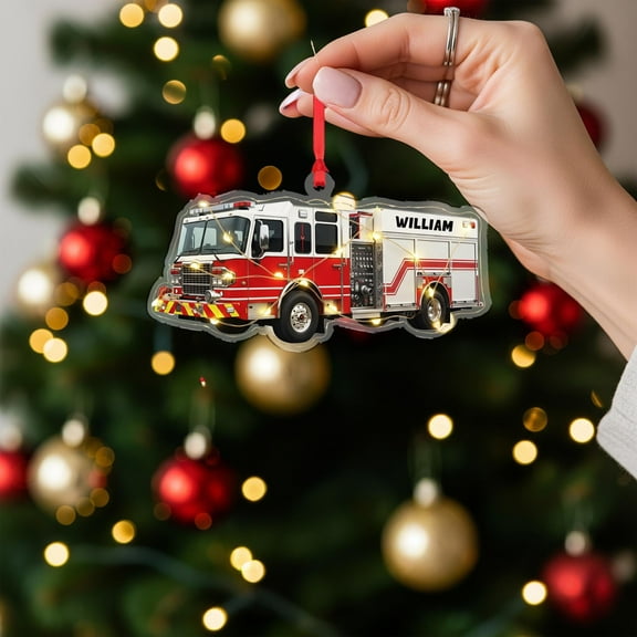 Personalized Fire Truck Acrylic Christmas Ornament Custom Name Fire Engine Holiday Tree Decor, Firefighter Appreciation Family Keepsake