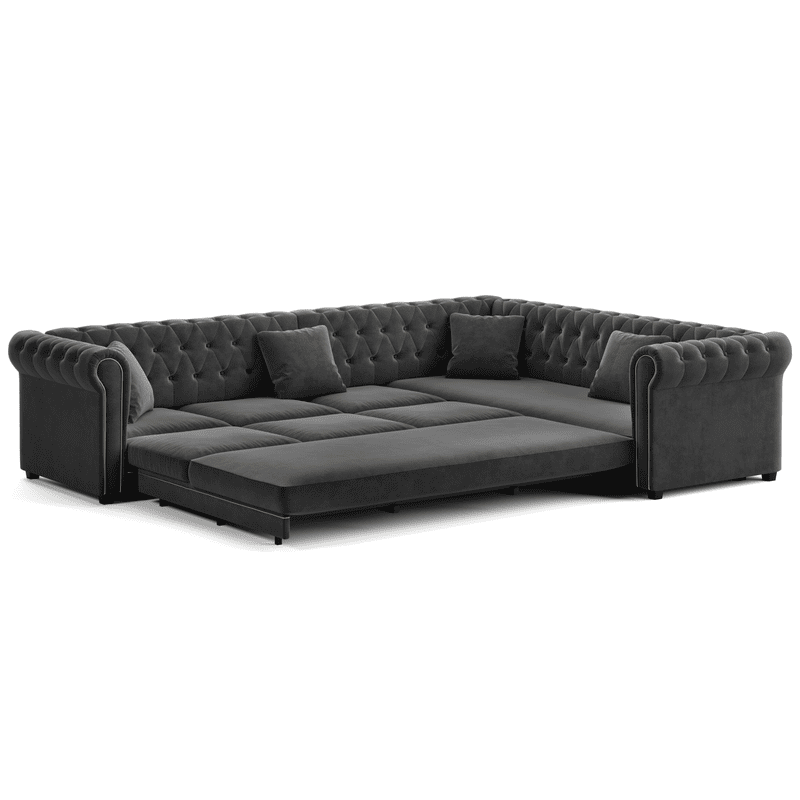115.3" L-Shaped Sleeper Sofa with Pull-Out Bed, Velvet Sectional Couch with Gold Trim Rolled Arms, Chesterfield Tufted Convertible Sofa Bed with Deep Seats and Throw Pillows for Living Room