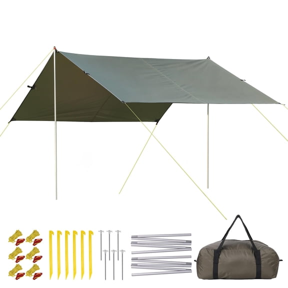 10X9FT Tent Tarp with 2 Aluminum Poles, Waterproof&Lightweight Camping Tarp Sun Shelter，Muitifunctional Hammock in Camping,Hiking,Backpacking,Garden，Beach and Traveling