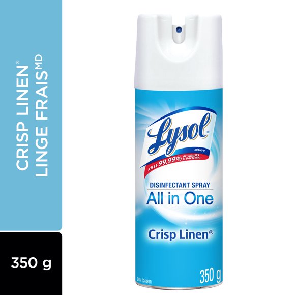 Lysol Disinfectant Spray, Crisp Linen, Disinfect and Eliminate Odours on Hard Surfaces & Fabrics, 350g