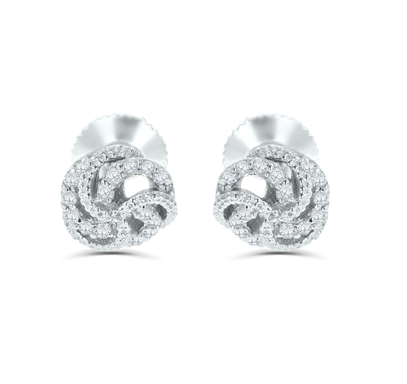 14K White Gold Diamond Earrings for Women Knot Earrings Screw on Back 1/5ctw Diamond 7mm Round Studs