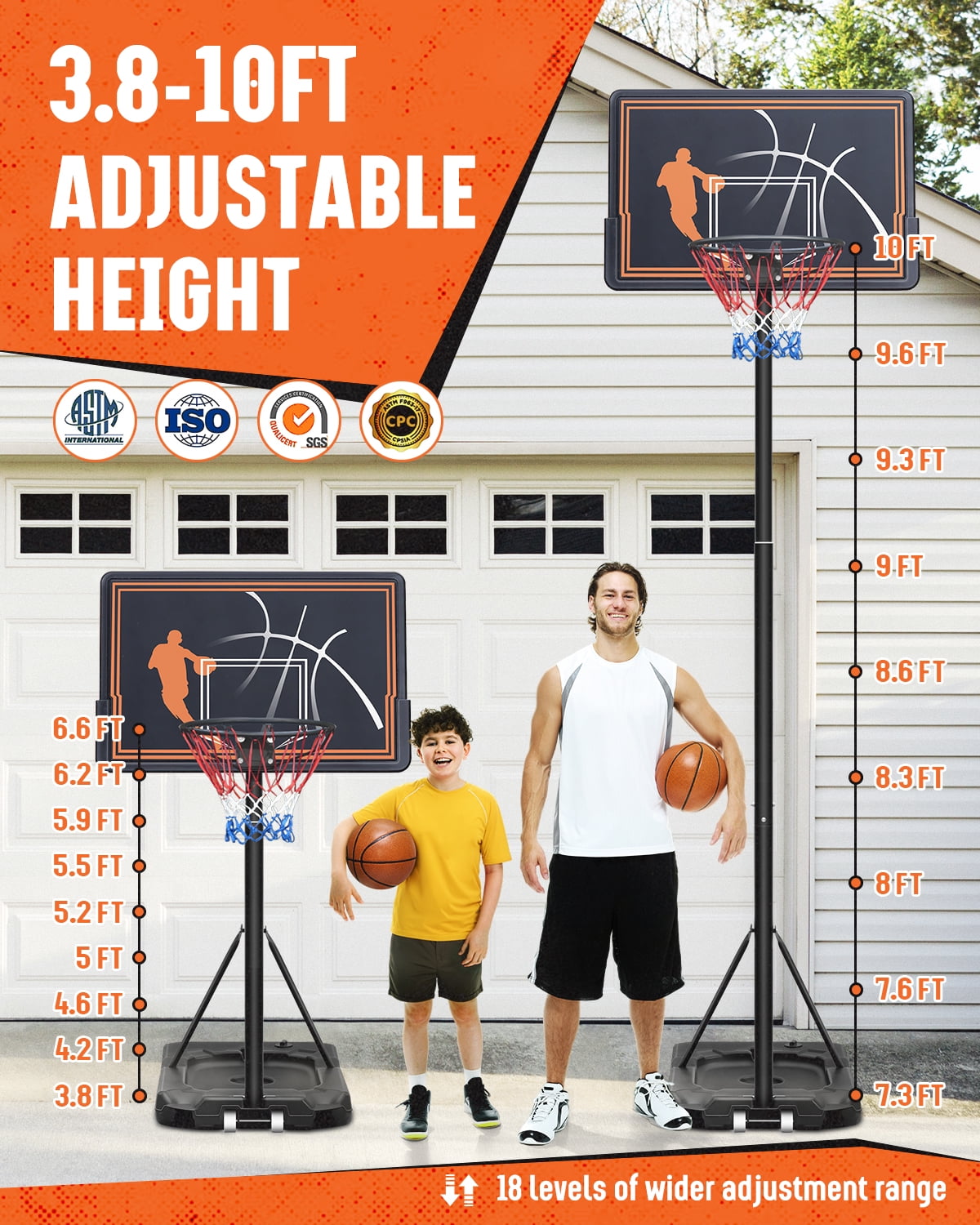 SERAY Basketball Hoop with 44 inch Backboard and 2 Wheels, Basketball Hoop Outdoor 3.8-10 feet Adjustable Height for Kids/Adults Outdoor/Indoor Sports