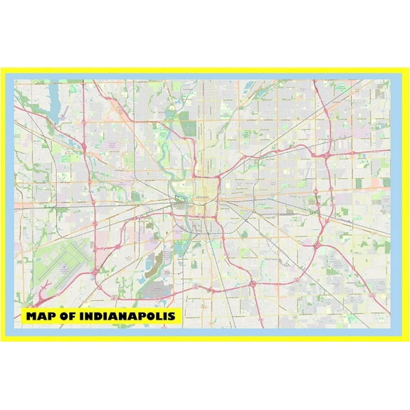 Map of Indianapolis 18x24 with Neighborhoods, Streets, Roads, Highways and Parks - Laminated Wall Map Poster Print - Vivid Imagery with Bright Colors
