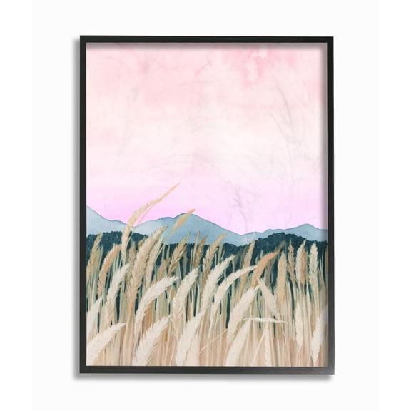 Stupell Industries Wheat Field Dawn Pink Green Watercolor Painting Black Framed Art Print Wall Art, 16x20, by Grace Popp