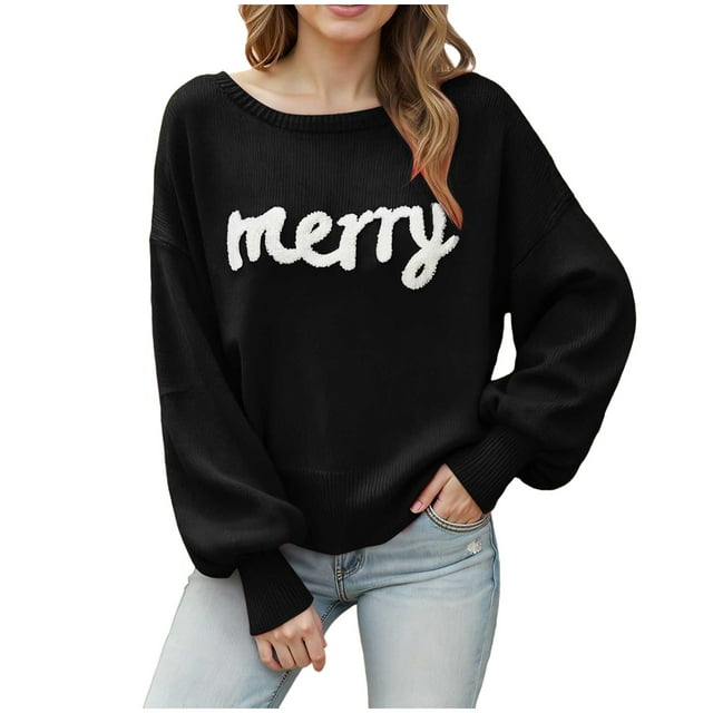 WUANDIXFA Chandails d'Automne pour Femmes Chandails pour Femmes Noël Automne Hiver Manches Longues Col Rond Haut Festif Chandails à Enfiler pour Femmes Noir,P