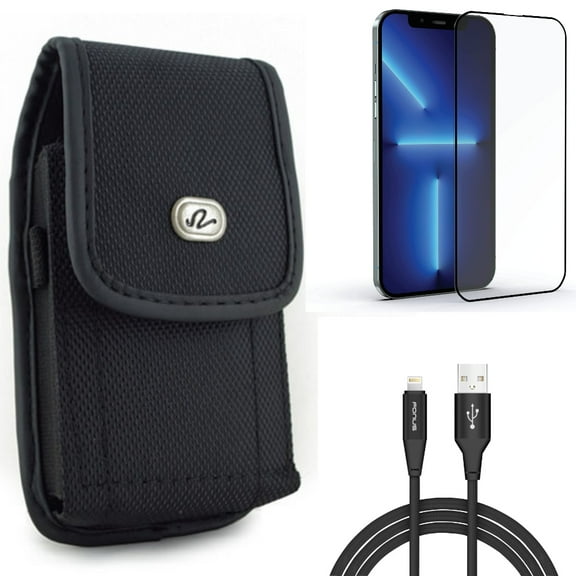 Case Belt Clip & 6ft USB Cable & Screen Protector for iPhone 13 Pro Max ONLY - Rugged Holster Canvas   Charger Cord Power Wire   Anti-Glare Tempered Glass Matte Combo