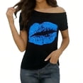 thumbnail image 4 of Women's Party Tops Off Shoulder Short Sleeve Stretch Knit Lip Print Shirt, 4 of 9