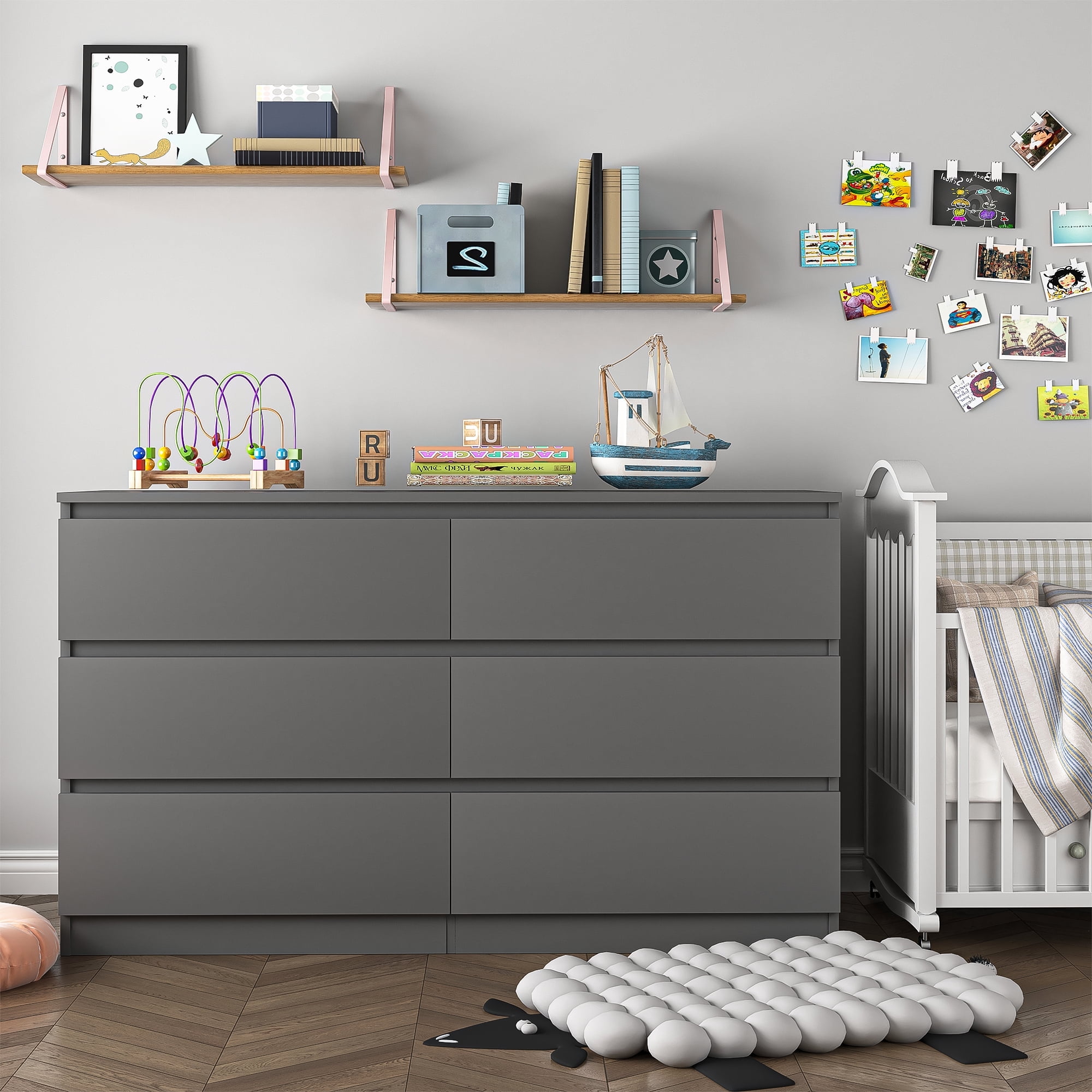 Canddidliike 6-Drawer Double Dresser, Mid Century Dresser, Wood Storage Chest of Drawers, Grey Dressers for Bedroom, Gray