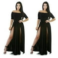 thumbnail image 5 of Huowey Party Dresses For Women Solid Color Off The Shoulder Short Sleeve Boat Neck Ruched Pleated Slim Fit High Split Long Length Bodycon Maxi Dress Wedding Gowns Clubwear,Black,L, 5 of 5