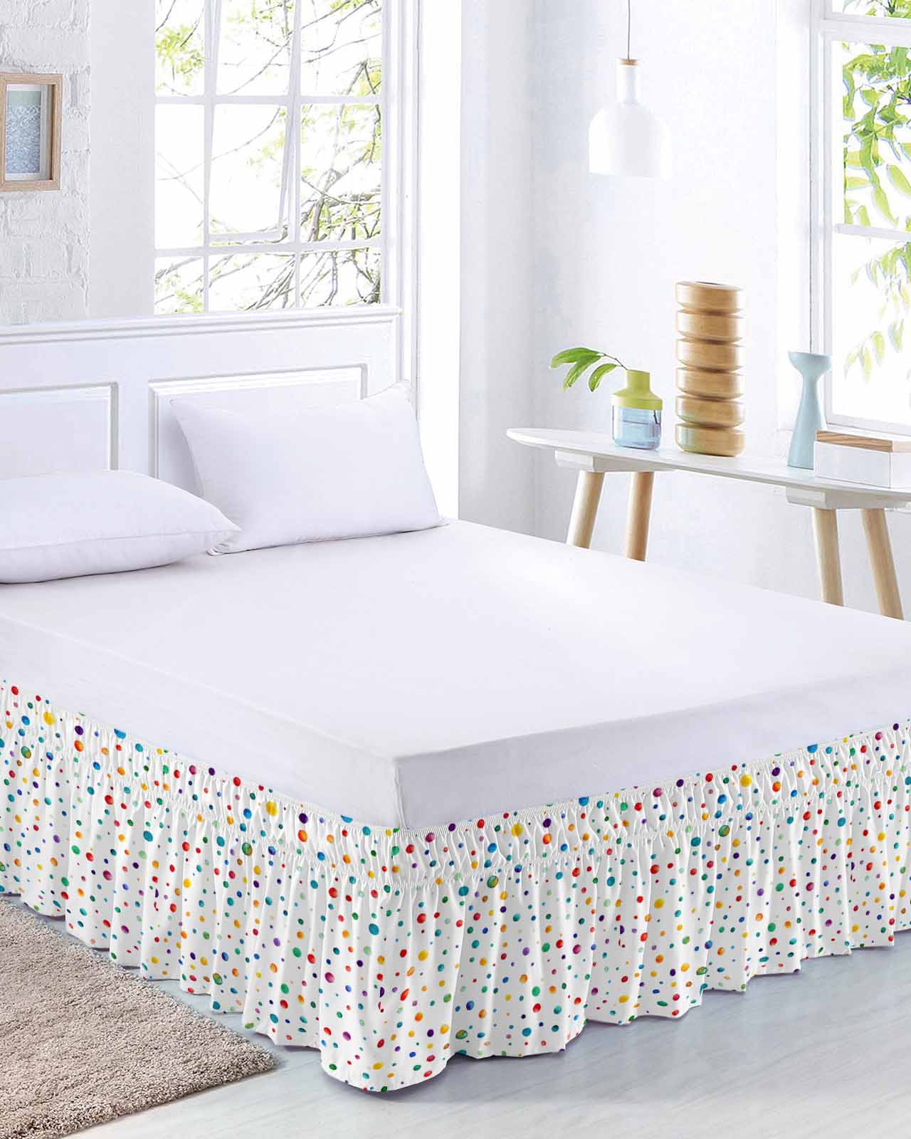 Colorful Polka Dot Wrap Around Bed Skirts for Queen Bed 18" Drop, Bed Skirt with Adjustable Elastic Belt Dust Ruffle Bed Valance for Bedroom Hotel Luxury Rainbow Point Vibrant Bed Frame Cover