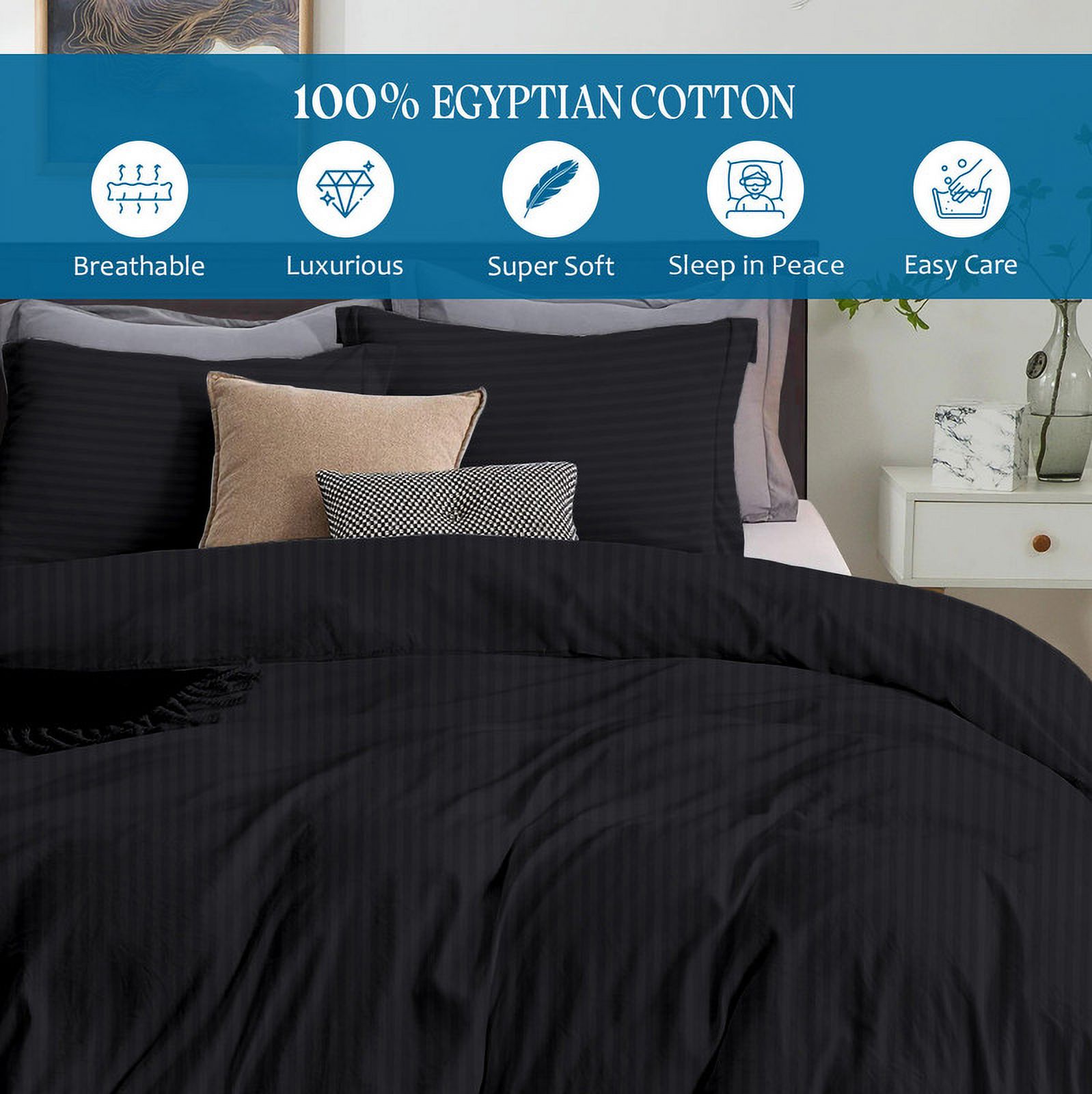 500 TC 100% Egyptian Cotton Premium Duvet Cover Zipper Closur Ultra Soft Durable and Fade Resistant Color Black Stripe size Wyoming King