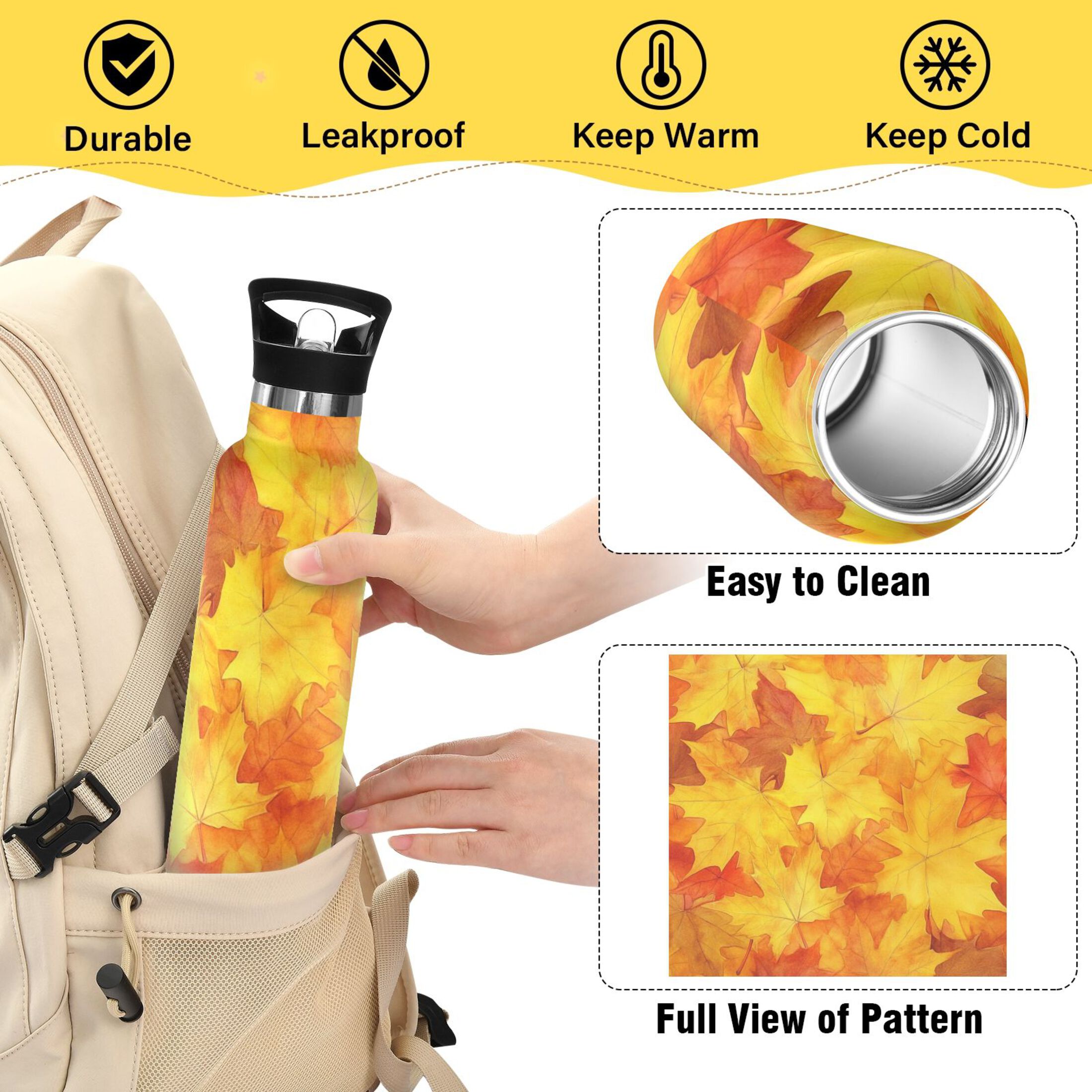 Kids Insulated Stainless Steel Sports Water Bottle 600ml (20oz) Orange Maple Leaves