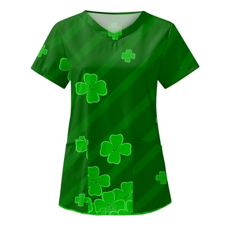

St Patricks Day Green Shirt Women Scrub Tops Lucky Working Uniforms Holiday Shamrock Short Sleeve V Neck Nursing Tops Green4 S