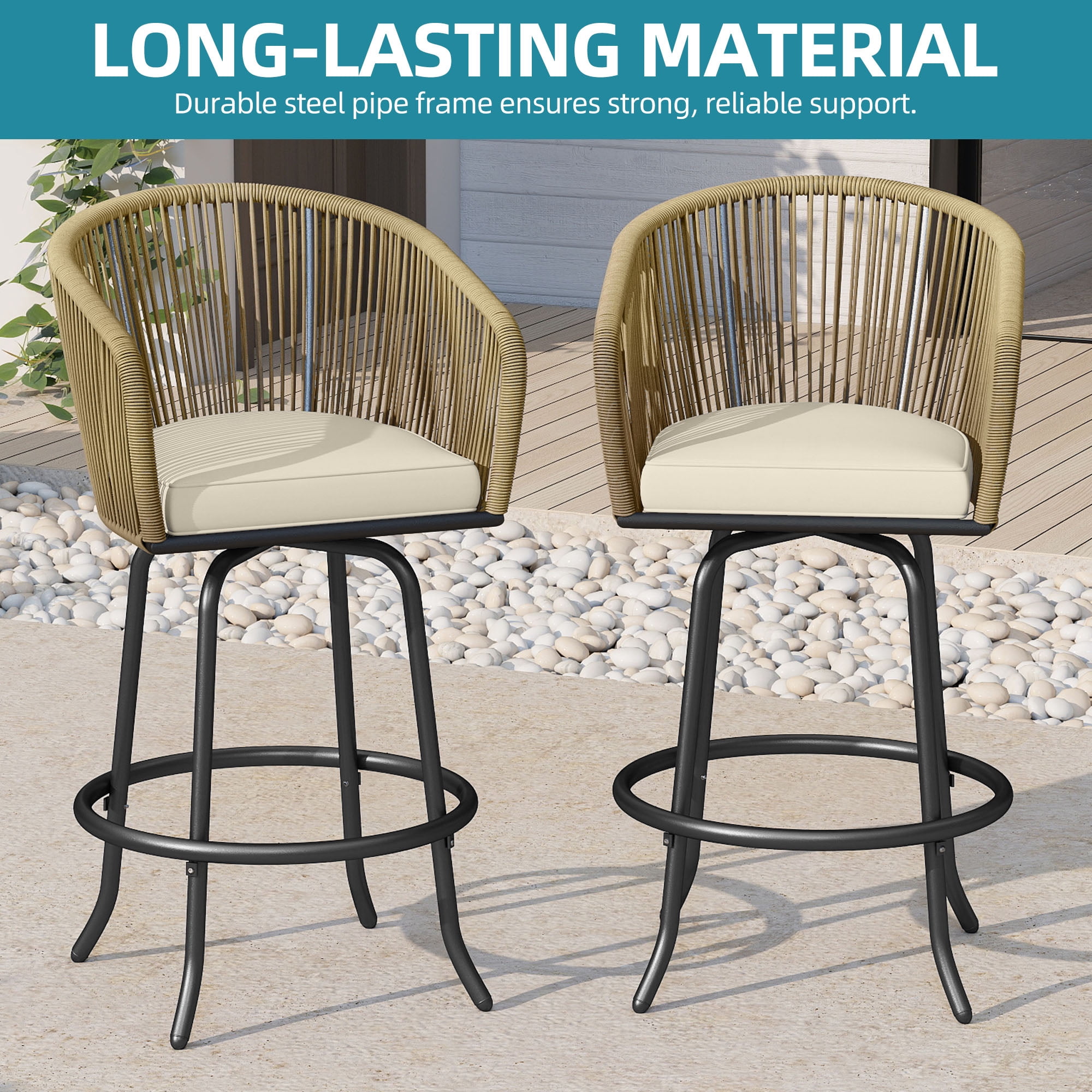 Uforic Set of 2 Beige 360° Swivel Outdoor Bar Stools, Woven Patio Chairs with Cushions & Footrests