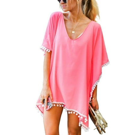 Women Chiffon Tassel Bohemian Swim Cover Ups Bikini Tunic Beach Dress Summer Casual Shirt Dress Irrgular Hems Boho Style Poncho Swimsuit Beach Stylish Pompom Trim Bathing Suit