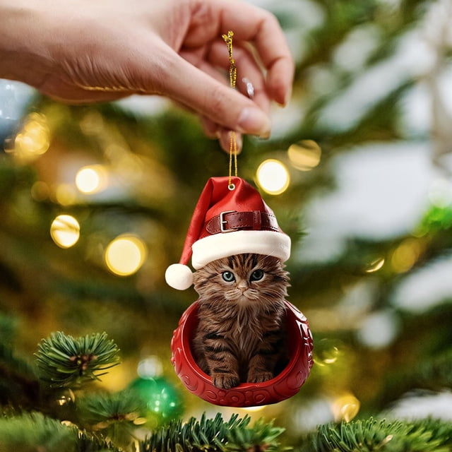 Santa-Hat Cute Cats Series Acrylic Ornaments Festive Felines Hanging Decoration For Christmas Trees