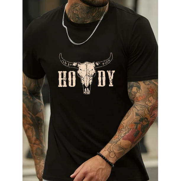 Bull Head Print T-shirt, Men's Casual Comfy Tee For Summer, Men's Short Sleeve Top For Daily Activity, Casual Sporty Tee, Summer Gifts