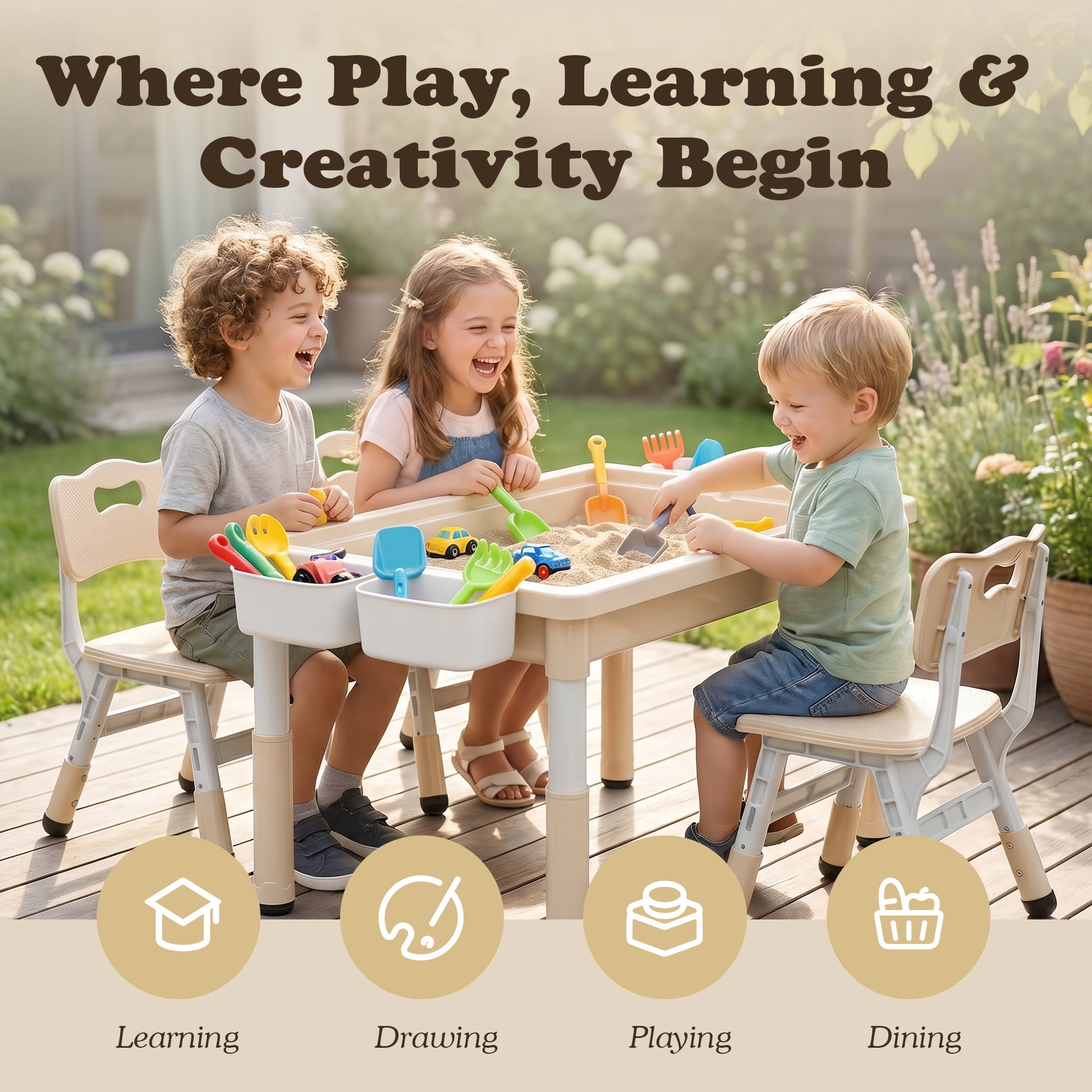 LINLUX Kids Table and Chair Set, 3 in 1 Activity Table for Children w/ Removable Tabletop, Khaki
