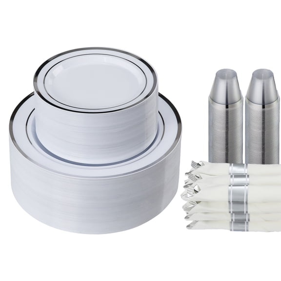 KFFKFF Disposable Plastic Tableware, Set of 350 Pieces, Comprising 50 Main Course Plates, 50 Appetizer Plates, 50 Pre-folded Napkins, 50 Forks, 50 Knives, 50 Spoons, and 50 Cups