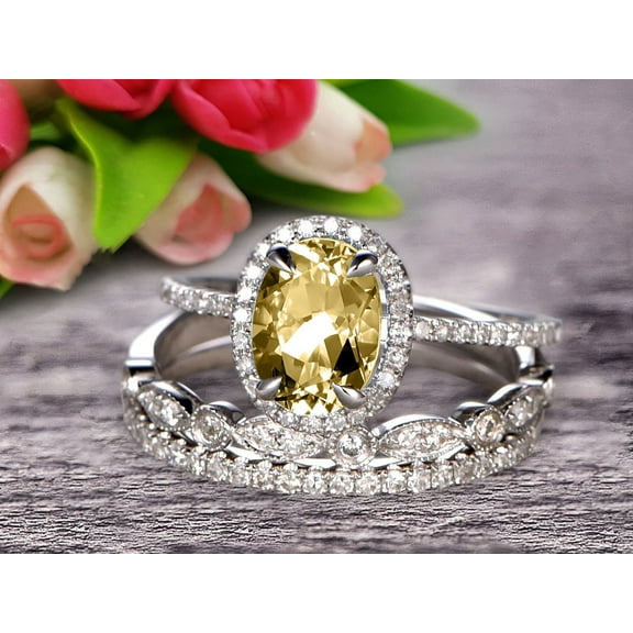 3 Carat 8x6mm Oval Cut Champagne Diamond Moissanite Wedding Anniversary Gift Engagement Ring On 10k White Gold With Matching Band Art Deco Vintage Look