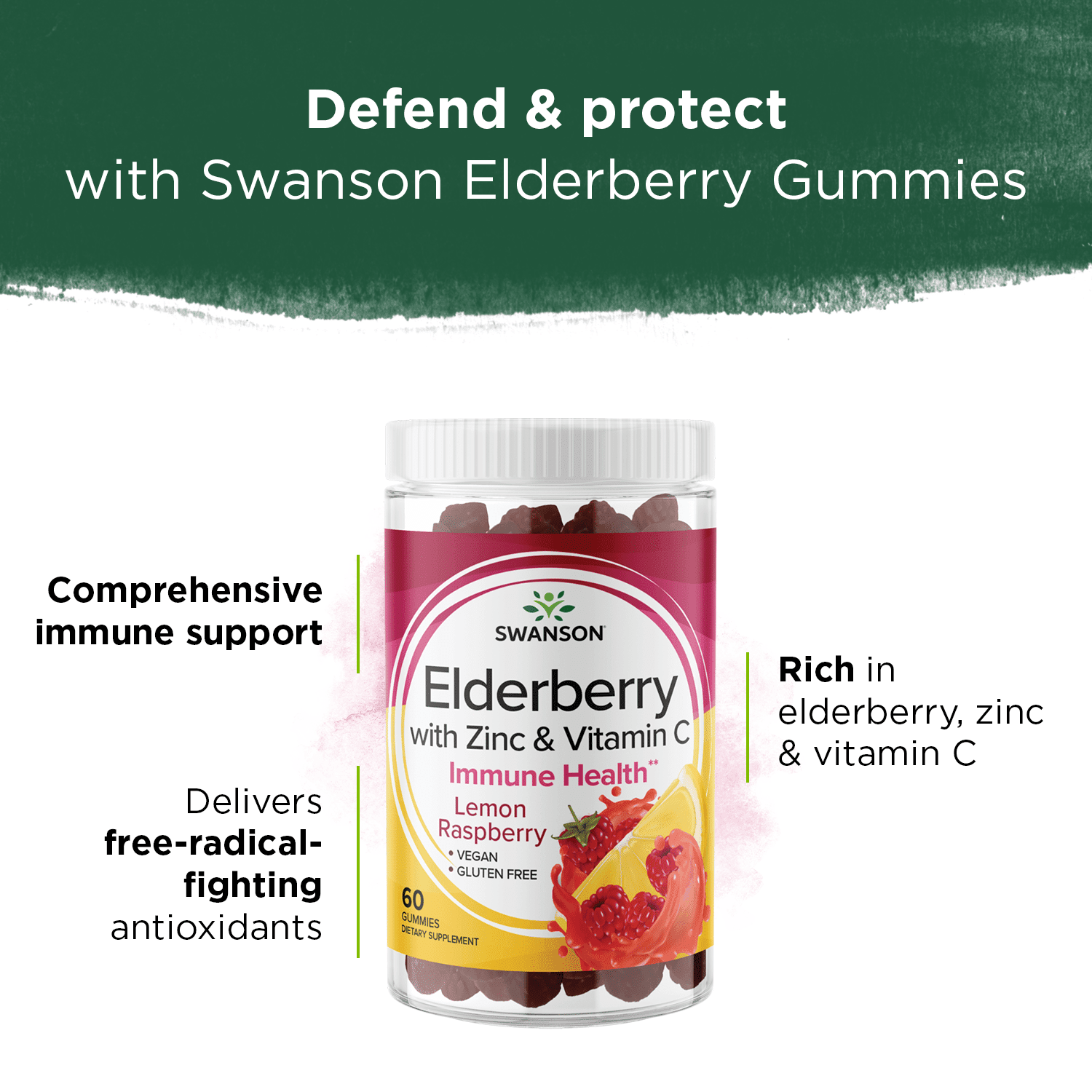 Swanson Elderberry Gummies with Zinc & Vitamin C - Lemon Raspberry 60 Gummies