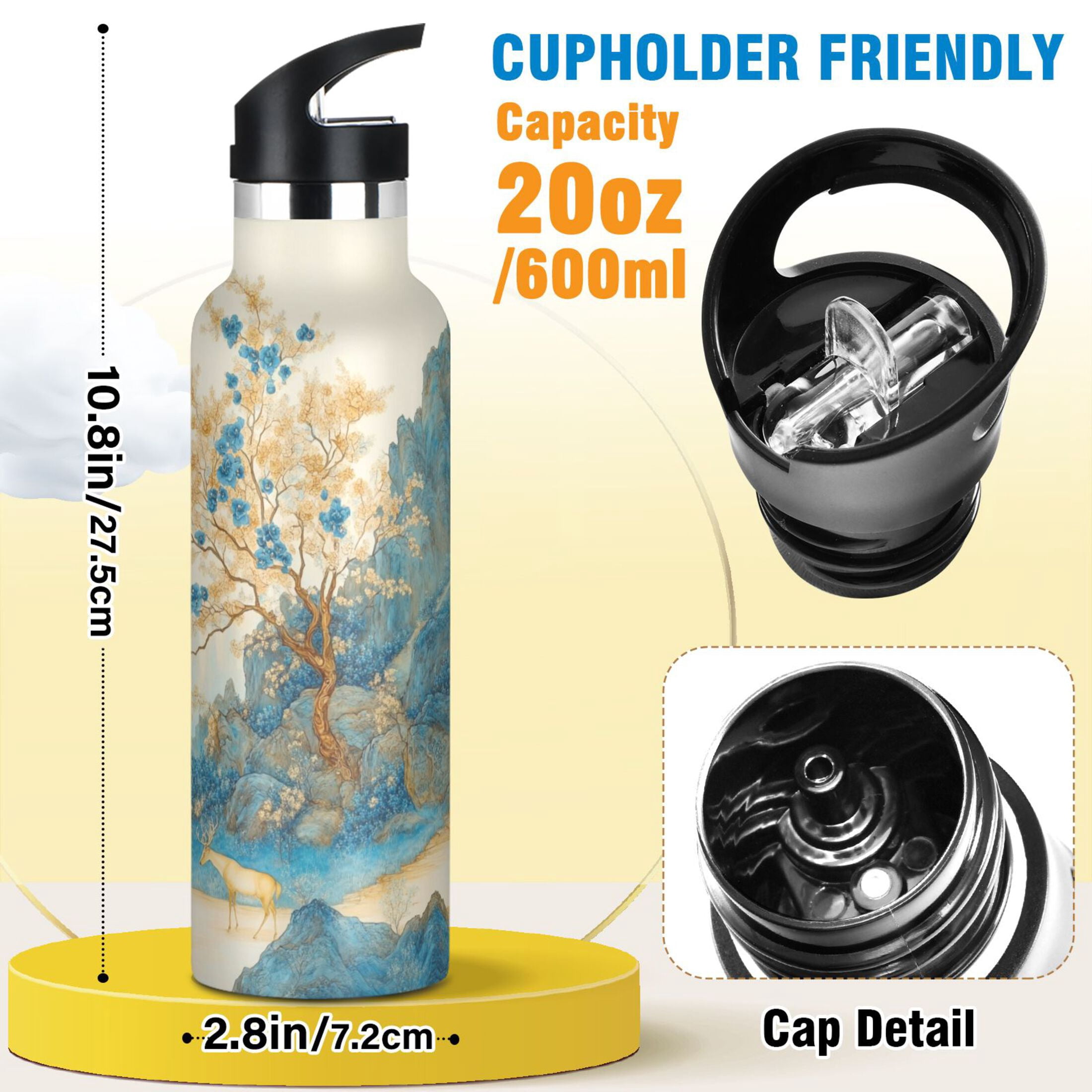600ML Stainless Steel Insulated Cup Sports Water Bottle Portable Thermos Cup Water Glasses Insulated Tumblers Convenient and Durable Golden Classical Deer