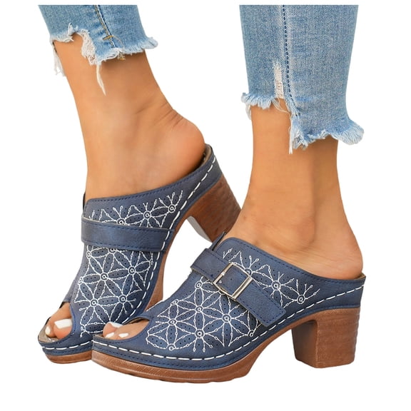 Mules Sandals for Women Trendy Embroidery Buckle Strap Chunky Heeled Slides Slip on Peep Toe Backless Heels Blue Size 9