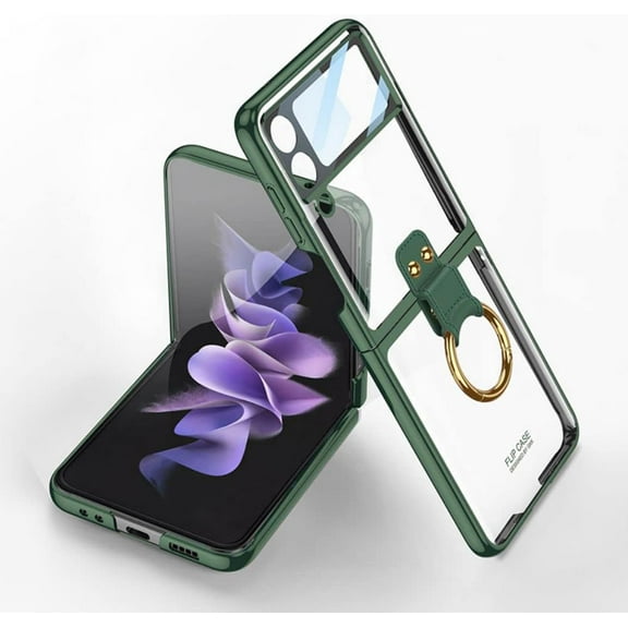 case for Samsung Z Flip 4 Case with Ring, Galaxy Z Flip 4 Case with Screen Protector Electroplating Border Design Protective Cover for Samsung Galaxy Z Flip 4 5G, Dark Green