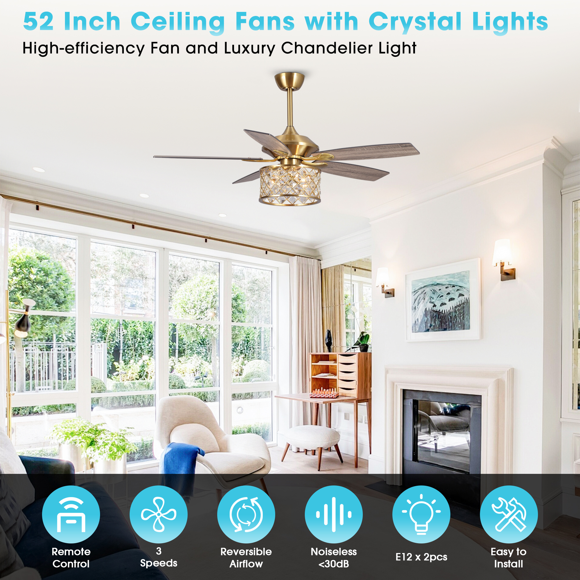 Parrot Uncle 52 inch Gold Chandelier Crystal Ceiling Fan with Lights and Remote Control, 5 Blades, Indoor