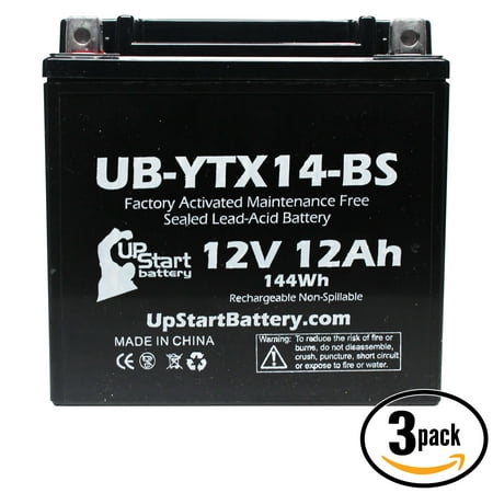 3-Pack UpStart Battery Replacement 2000 Honda TRX300,FW FourTrax 300, 4x4 300 CC Factory Activated, Maintenance Free, ATV Battery - 12V, 12AH,