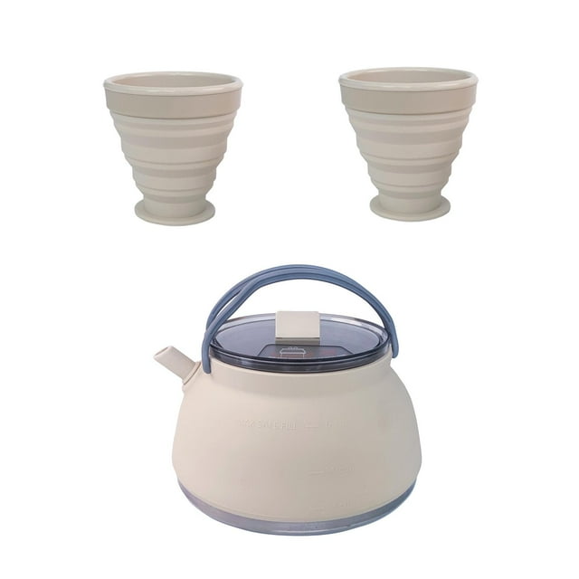 koolsoo 1.5L Camping Kettle and 2 Cups Set Foldable Cook Pot for Travelling Trekking Light Khaki