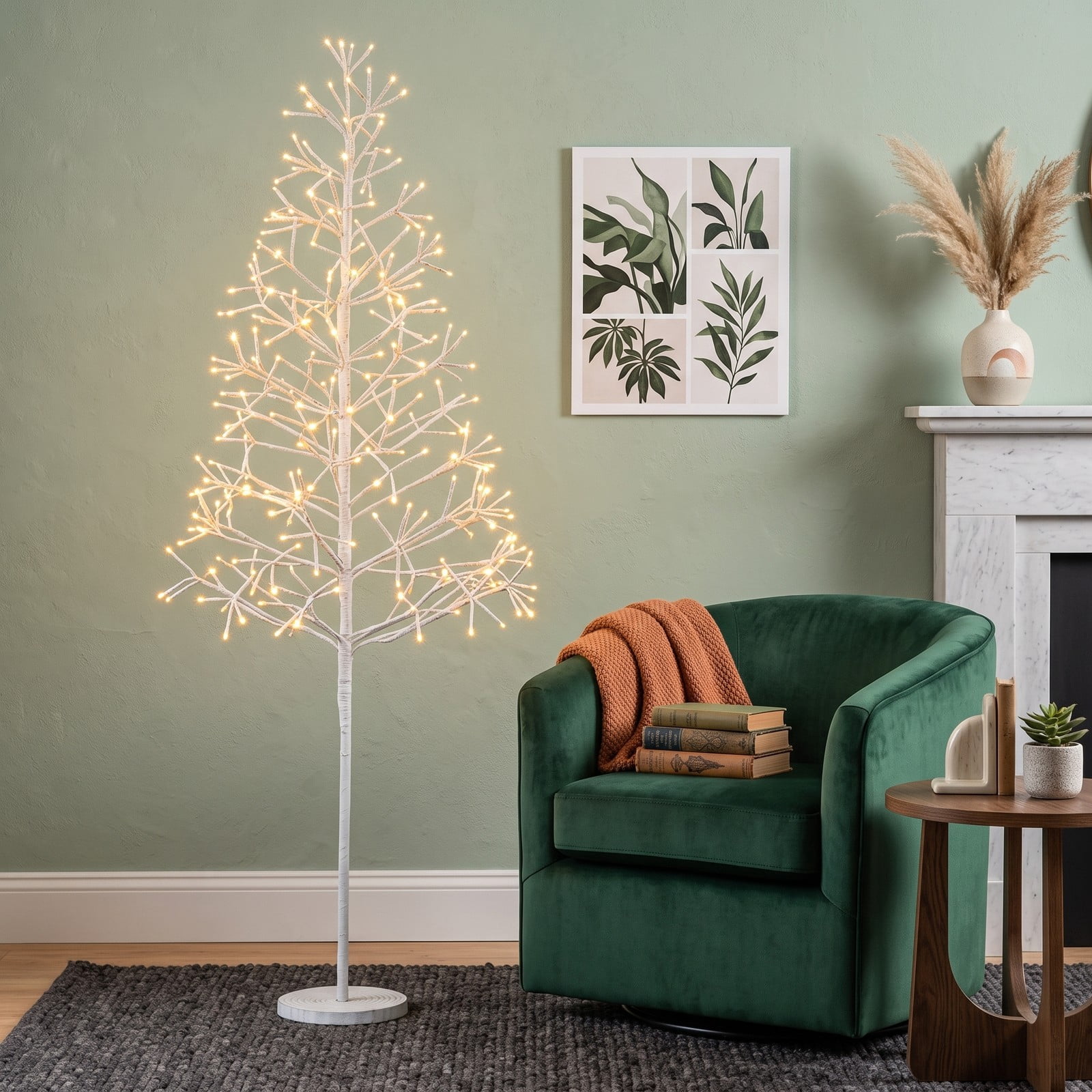 RUIE 5 FT Pre-Lit Birch Tree, Lighted Twig Tree with 240 Warm White LED Lights, Weighted Cement Base, Flexible Branches for Christmas Holiday Home Party Wedding, White