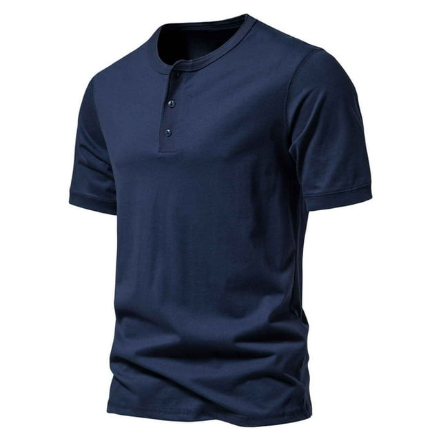 SROBPTY Mens Summer Top, Short Sleeve Shirts for Men, Men's Stand Up Collar Solid Color Casual Loose Button Short Sleeve Stand Up Collar Shirts Navy, M