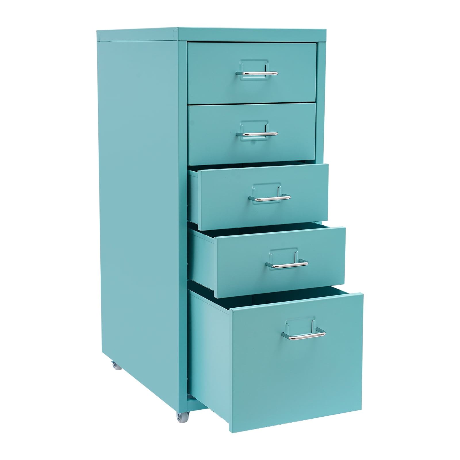 Blue 5-Drawer Metal Rectangular File Storage Cabinet with Wheels and Durable Buckles