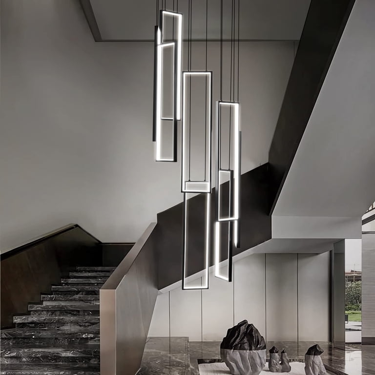 OUKANING Modern Rectangle Chandelier With Remote - Dimmable LED Ceiling Light For Foyer, Stairs, Living Room