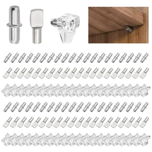 shiyou-Shelf Pegs Kit, 3 Styles Shelf Bracket Pegs, Nickel Plated Shelf Support Pegs, Shelf Support Pins with PVC Shelf Pins, Flat Spoon Pegs, Cylindrical Pins Holder for Cabinet, Bookshelf, Wardrobe