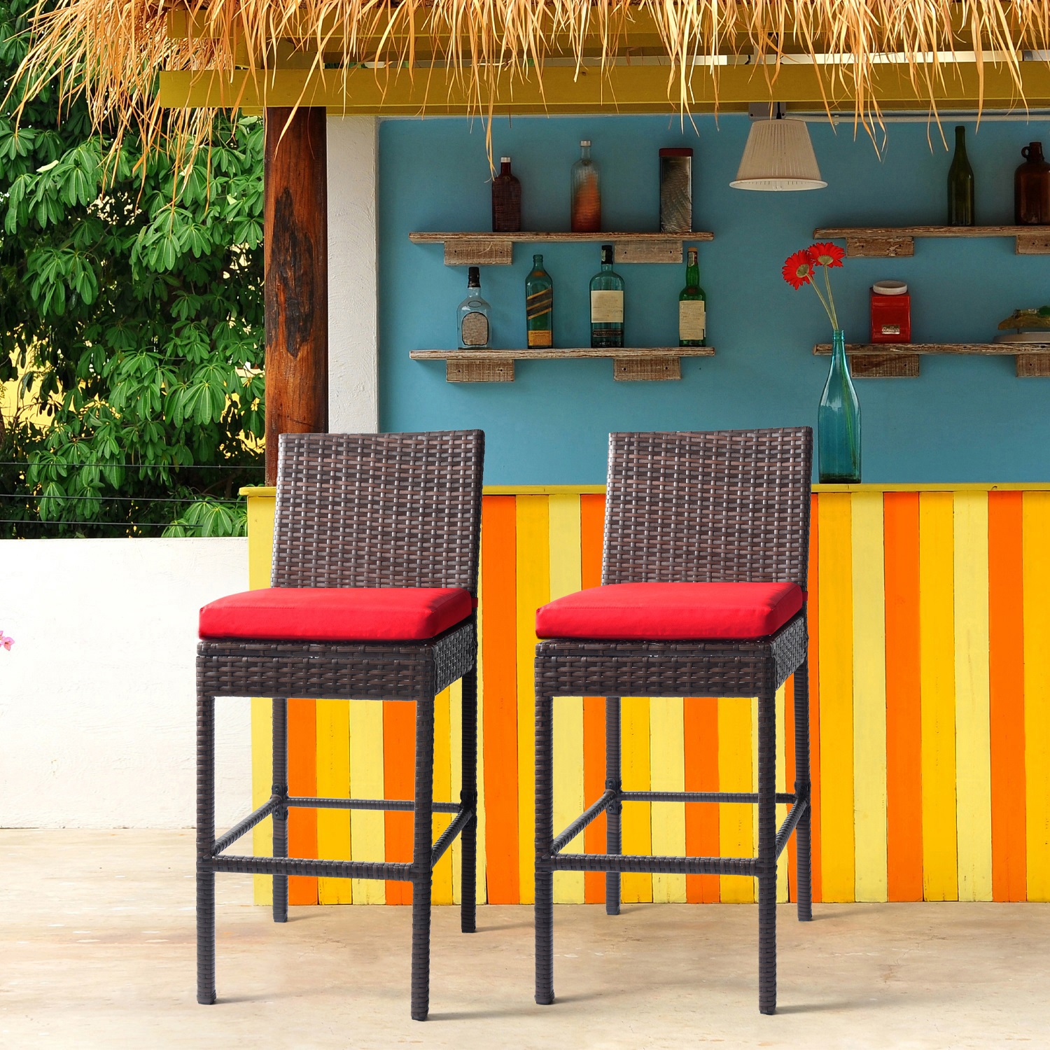 Patio Stools & Bar Chairs Outdoor Wicker Bar Stools Set of 2 Counter Height Bar Stools Patio Chairs Bar Height with Footrest Armless Cushion Red All Weather Rattan for Garden Pool Lawn Backyard - image 2 of 7