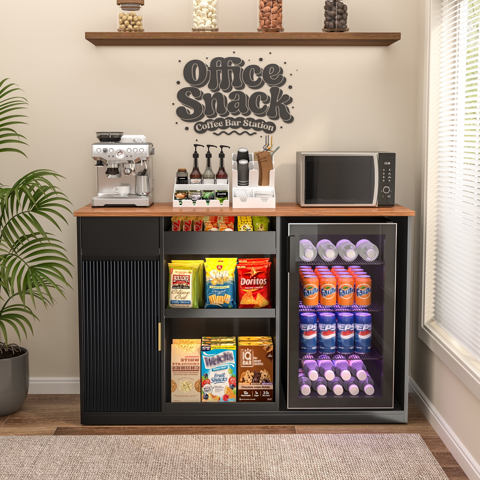 GDLF Snack Bar Cabinet with Fridge Space, Snack Organizer with Storage and Candy Display Shelf, Coffee Station for Home Theater or Game Room, 51.2", Black