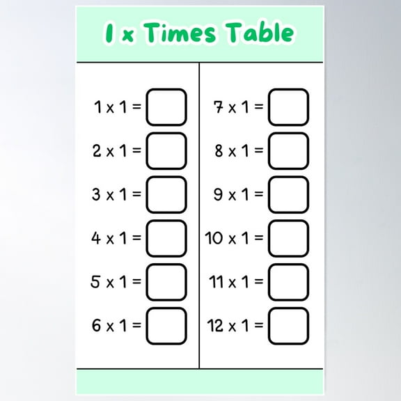 Multiplication Table Worksheet Of Number 1 Poster Wall Art, Modern Wall Decor For Living Room Bedroom, 8x12 UNFRAMED