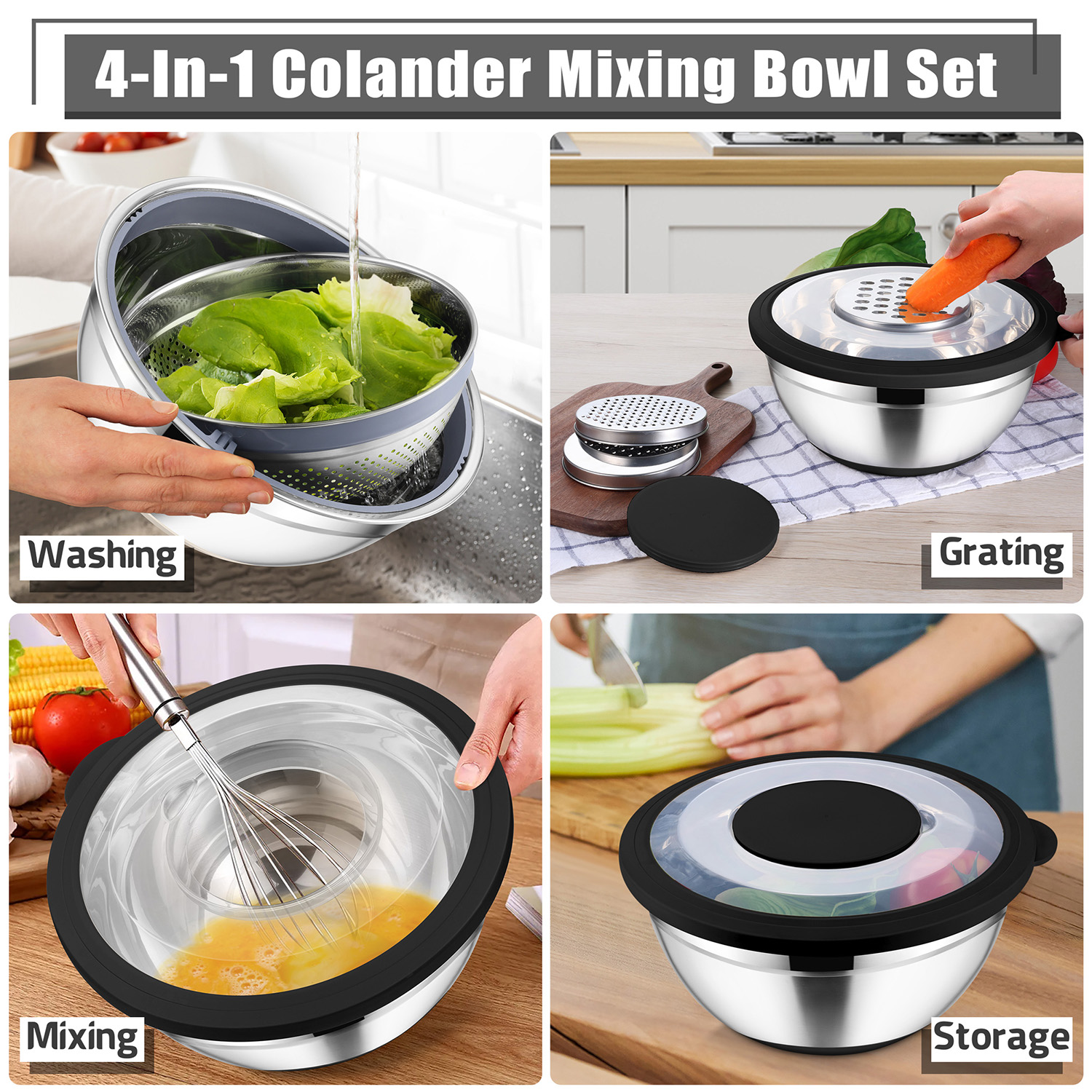 Vesteel 4-in-1 Colander and Mixing Bowl Set, Black photo 4