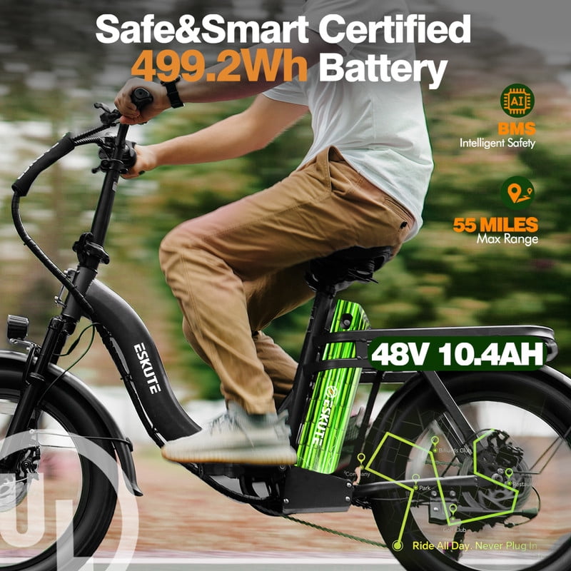 ESKUTE D200 Electric Bike for Adults Teens Students, 750W Peak Motor 28 Mph, 48V 10.4Ah Battery Up to 55 Miles, with 7‑Speed Step‑Through Cargo Fold E Bicycle, NFC Unlock, Gray, UL2849