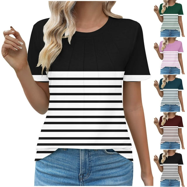 SYVGVA Blouse Courte d'Été pour Femmes, Haut Grande Taille pour Femmes, Col Rond Mode Décontracté Manches Courtes Printemps/été, Noir, TTTTG
