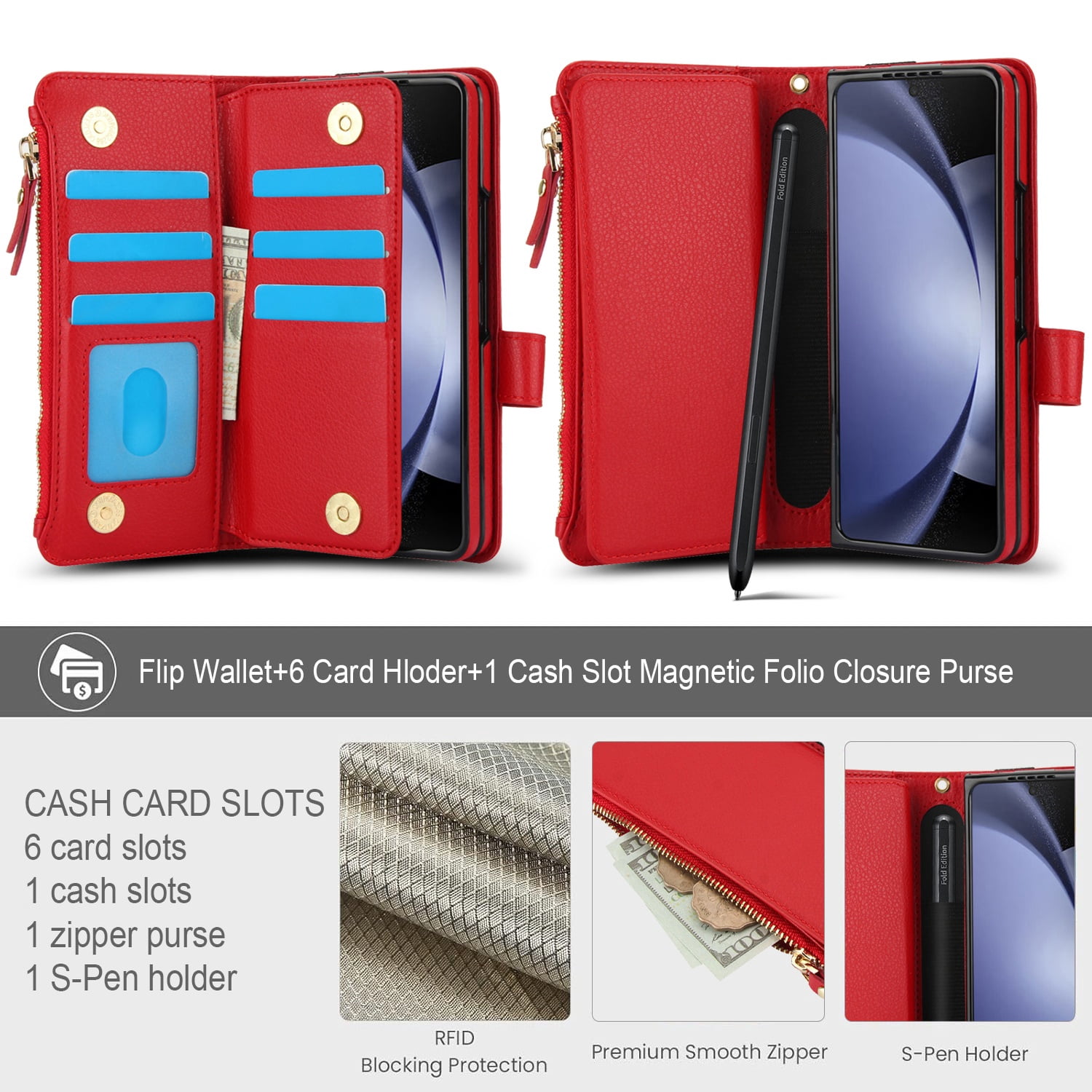 Allytechgroup for Samsung Galaxy Z Fold 7 Case Wallet, 7 Cards Slots Cash Zipper Pocket S Pen Holder Hand Strap Wrist Flip Cover Protective Phone Case for Samsung Galaxy Z Fold 7,Red