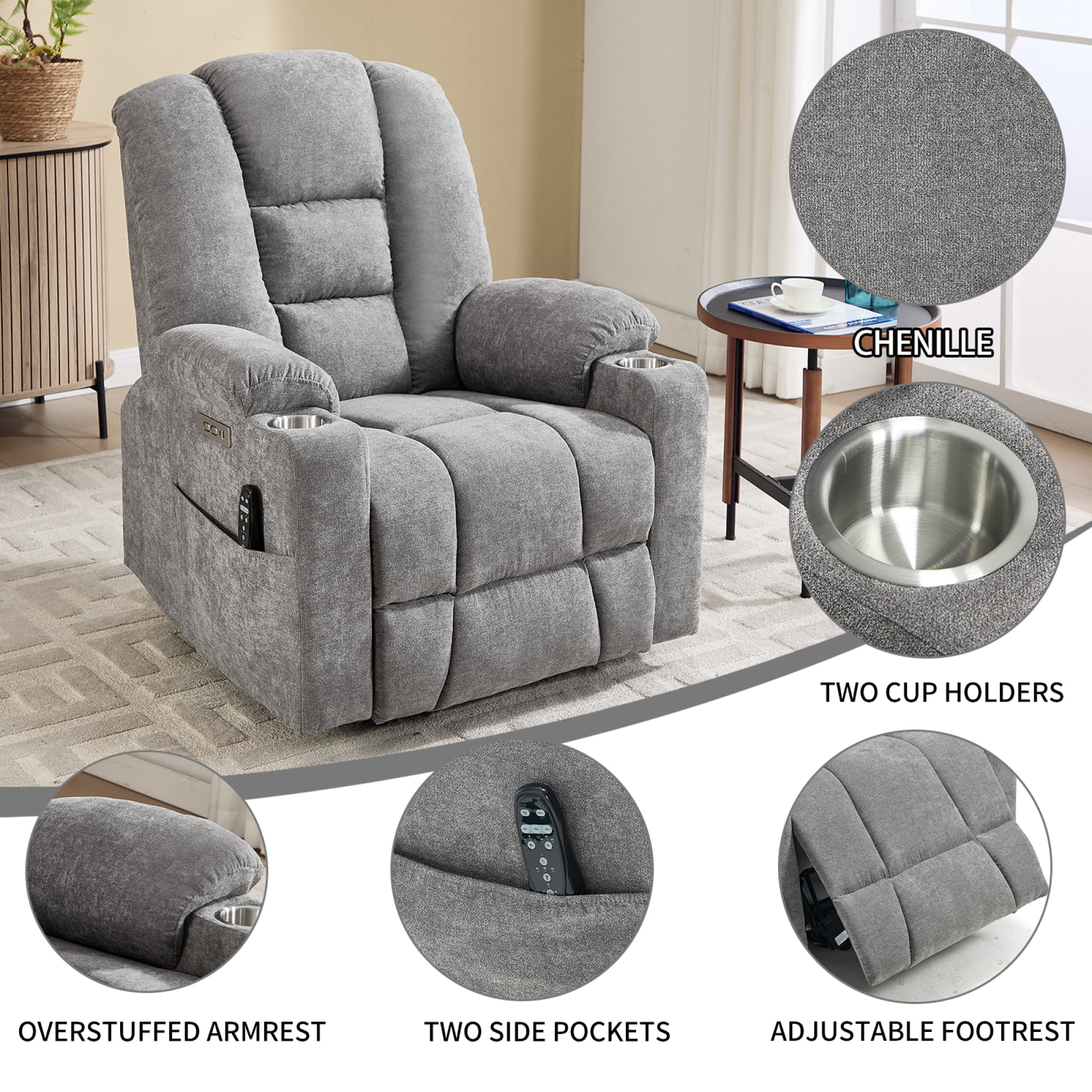 Leumius Large Power Lift Recliner Chair for Elderly,Heavy Duty Recliners with Vibration Massage and Lumbar Heating,Single Sofa with USB and Type C Ports, 2 Steel Cup Holders,Light Gray